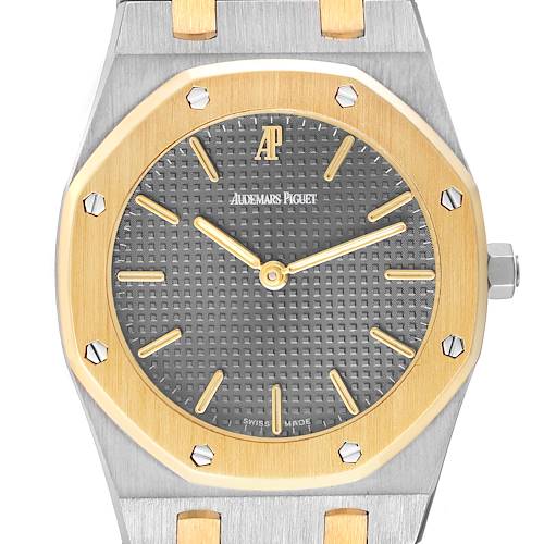The image shows a front-facing view of an Audemars Piguet Royal Oak 56303SA Men's Steel and Gold (two tone) Grey Dial 56303SA Men's Steel and Gold (two tone) Grey Dial with a gray dial and gold bezel.
