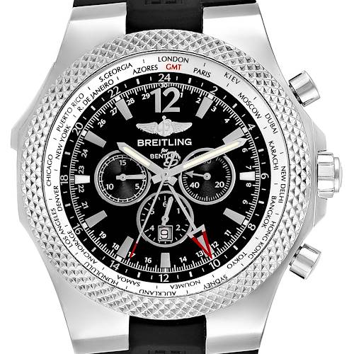The Bentley by Breitling watch is shown from a front angle, displaying the face, bezel, and side pushers.