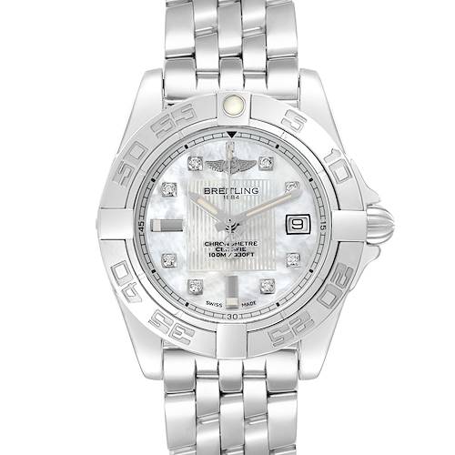 The Breitling A71356 Women's Stainless Steel White Dial Galactic Cockpit Mother of Pearl Diamond Ladies Watch A71356 is shown from a front angle, displaying the dial and bracelet.