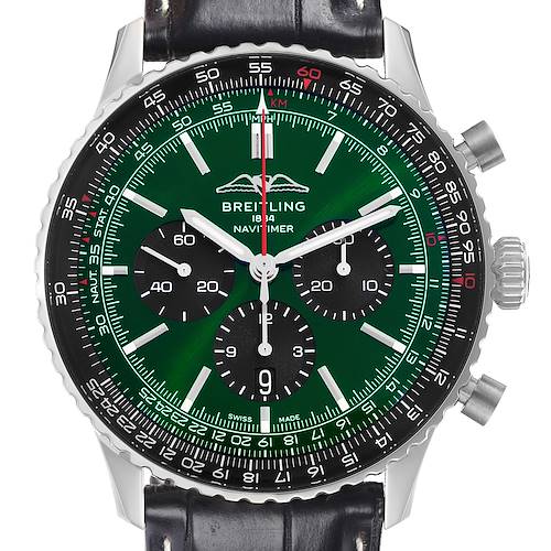 The Breitling Navitimer AB0137 Men's Stainless Steel Green Dial watch is shown from the front, displaying the dial, bezel, subdials, crown, and part of the strap.