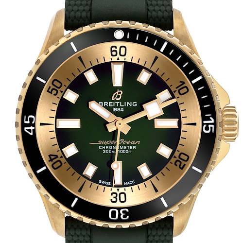 The Breitling Superocean N17375 Men's Bronze Green Dial watch is shown from the front, highlighting the dial, bezel, and crown.