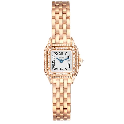 The Cartier Panthere WJPN0020 Women's Rose Gold Silver Dial watch is shown from a top-down angle, highlighting its bracelet, square face, and adorned bezel.