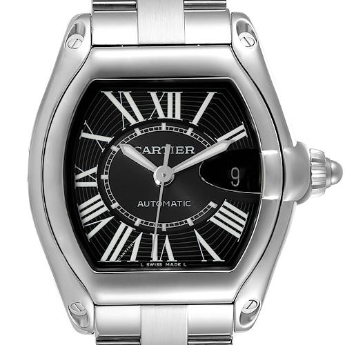 This image shows a front view of the Cartier Roadster W62041V3 Men's Stainless Steel Black Dial W62041V3 Men's Stainless Steel Black Dial watch, highlighting its dial, bezel, and part of the bracelet.