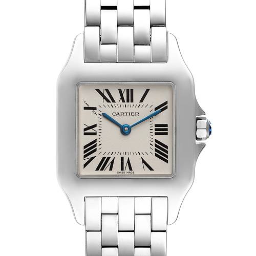 This image shows a front view of the Cartier Santos Demoiselle W25065Z5 Women's Stainless Steel Silver Dial W25065Z5 Women's Stainless Steel Silver Dial watch, displaying its face, bezel, and part of the bracelet.