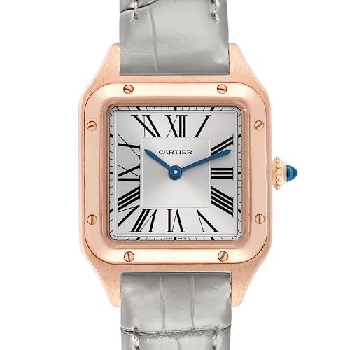The Cartier Santos Dumont WGSA0022 Men's Rose Gold Silver Dial watch is shown from a front angle, displaying its face, bezel, and part of the strap.
