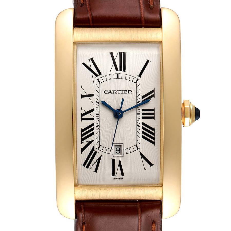 The image shows a front view of the Cartier Tank Americaine W2603156 Men's Yellow Gold Silver Dial W2603156 Men's Yellow Gold Silver Dial watch, highlighting the dial, bezel, and leather strap.