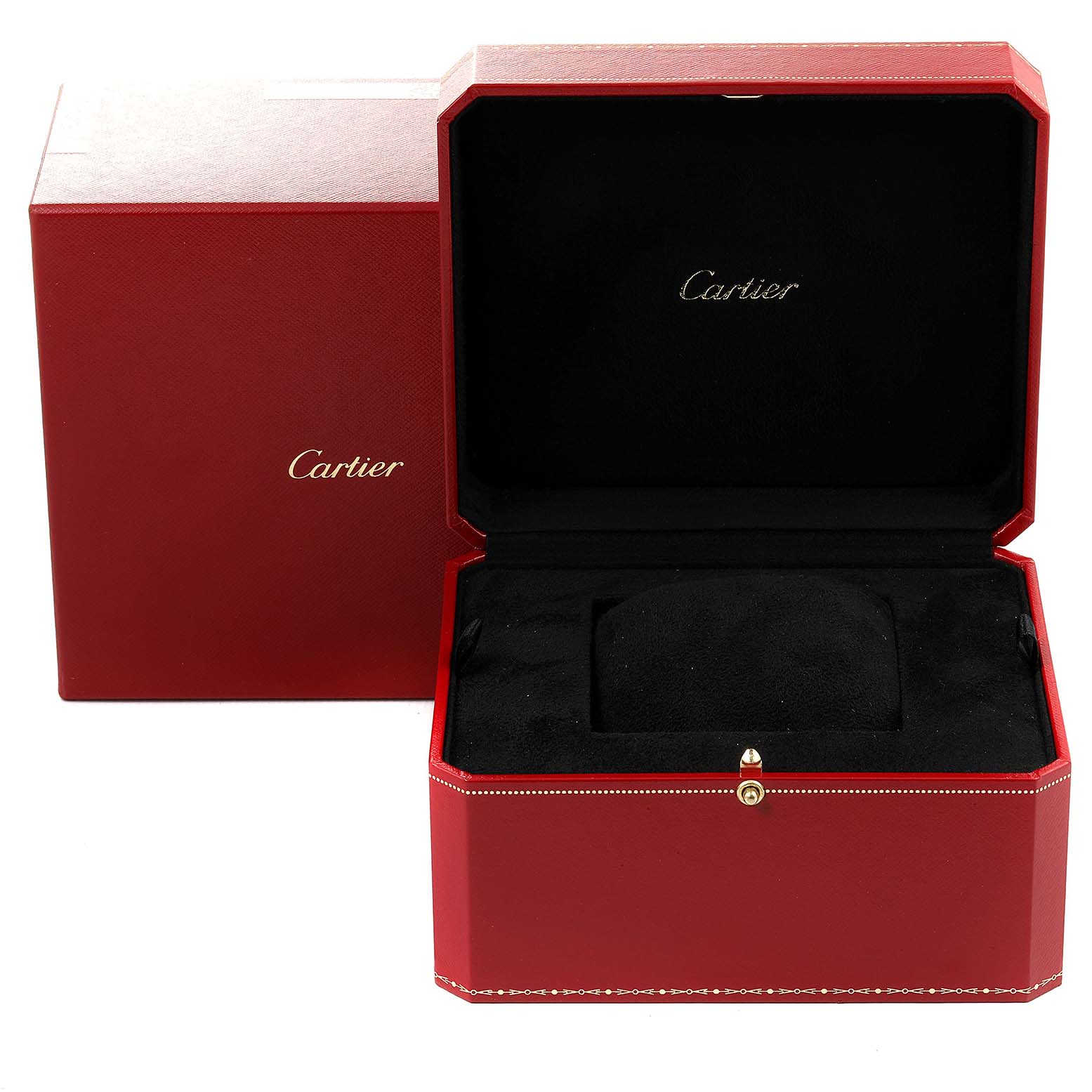 The image shows an open red Cartier box for the Tank Americaine model watch, displaying its plush interior.