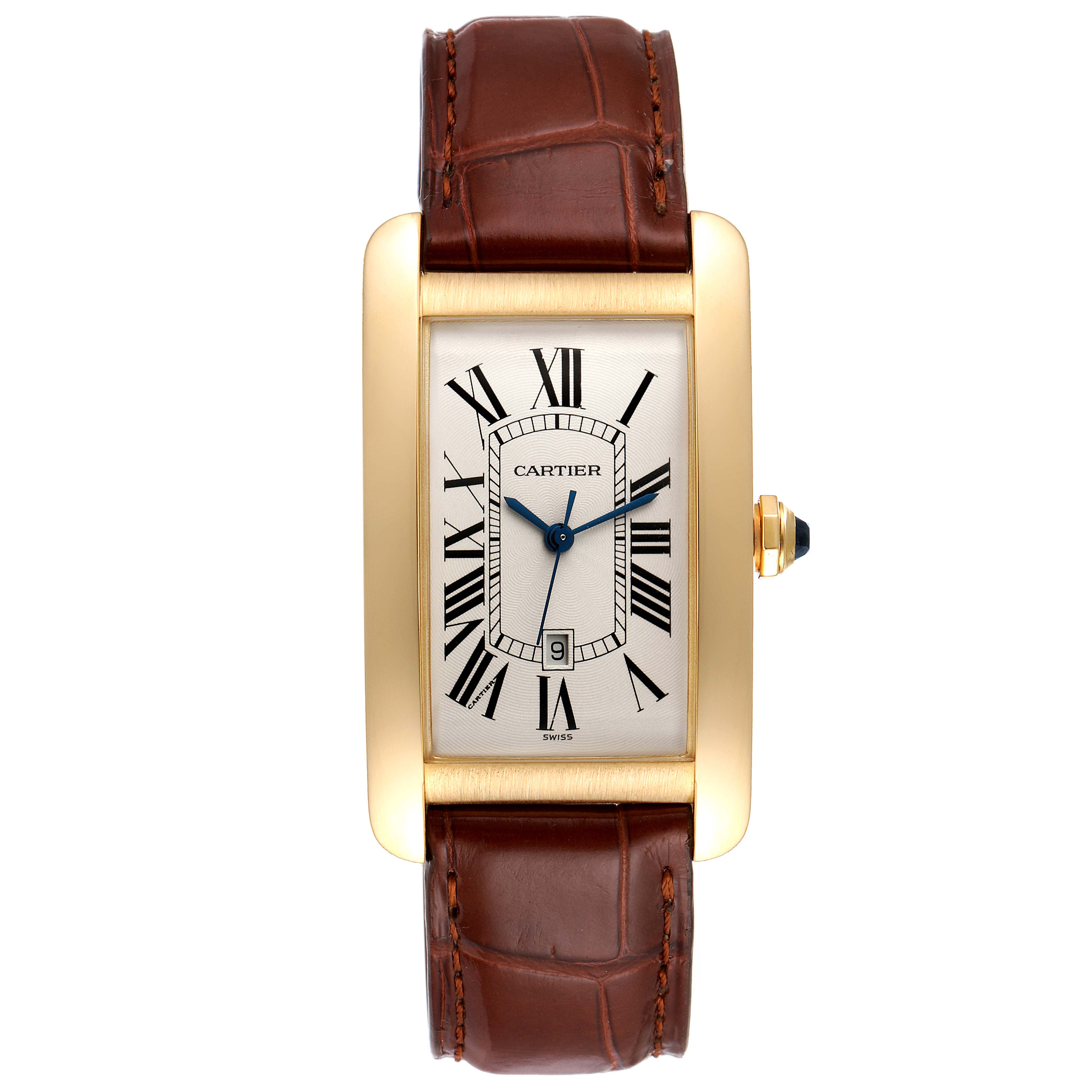 The image shows a front view of the Cartier Tank Americaine W2603156 Men's Yellow Gold Silver Dial W2603156 Men's Yellow Gold Silver Dial watch, highlighting the dial, bezel, crown, and leather strap.