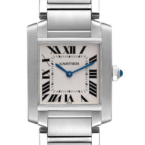 This Tank Francaise by Cartier is shown from a front angle, displaying the dial, crown, and part of the bracelet.