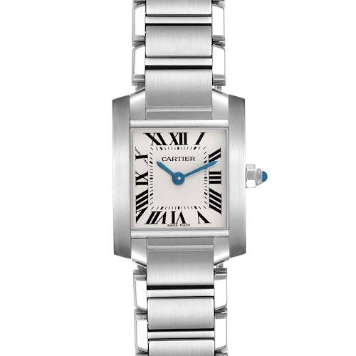 This Cartier Tank Francaise W51008Q3 Women's Stainless Steel Silver Dial watch is shown from a front view, displaying the face, Roman numerals, hands, and metal bracelet.