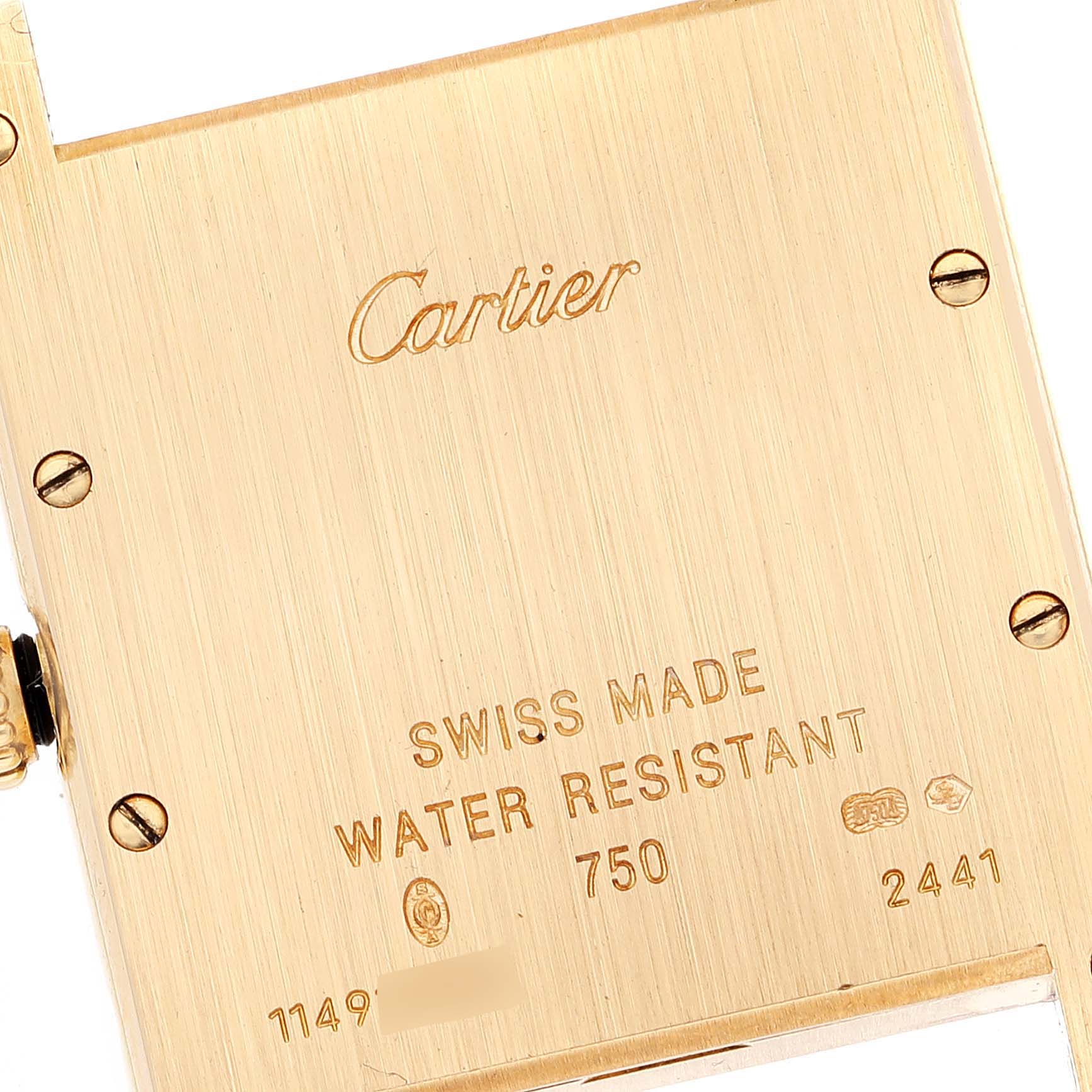 The image shows the back case of a Cartier Tank Louis W1529756 Men's Yellow Gold Silver Dial W1529756 Men's Yellow Gold Silver Dial watch, highlighting the brand, water resistance, and Swiss Made mark.