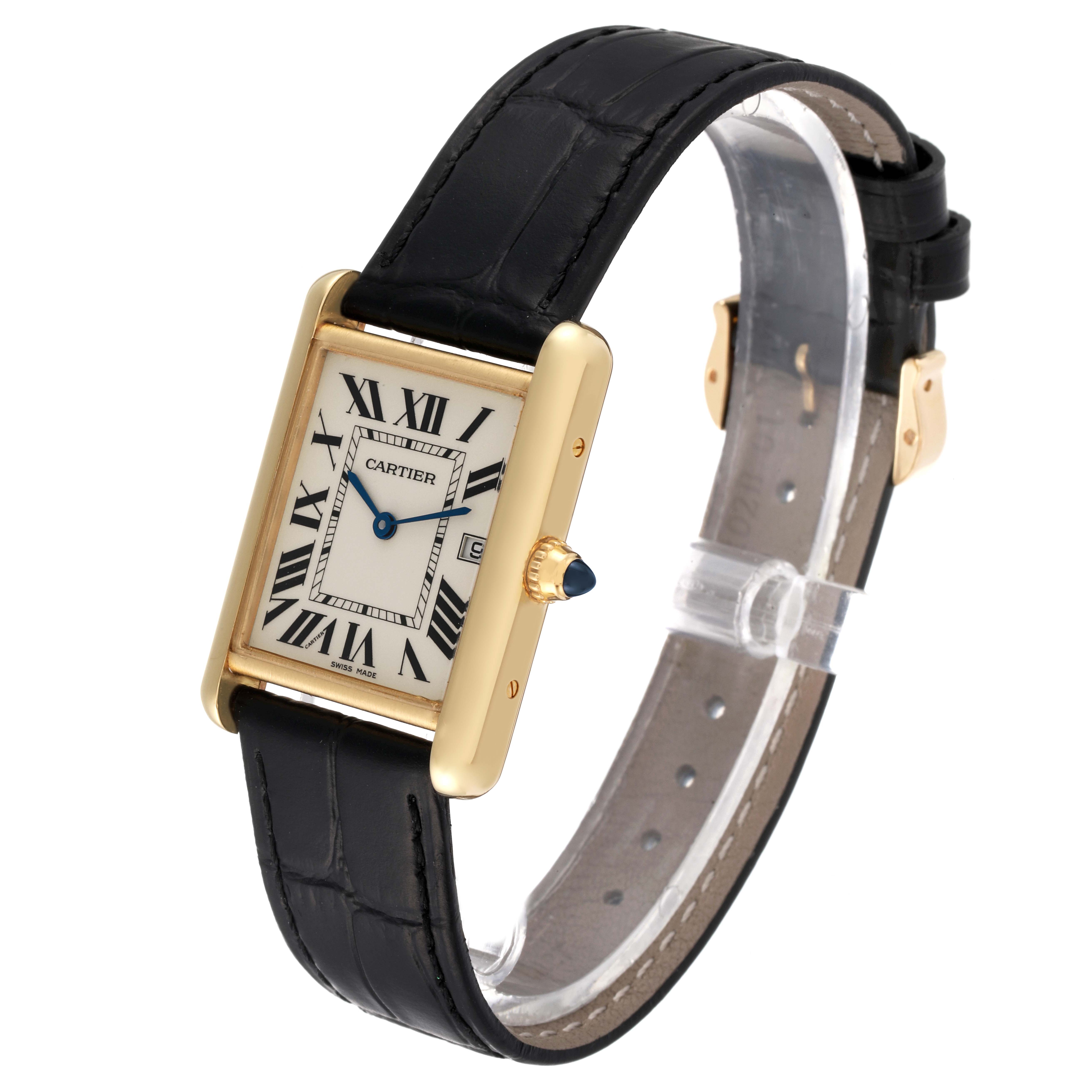 The Tank Louis Cartier watch is shown at a three-quarter angle, displaying its face, strap, and side crown.