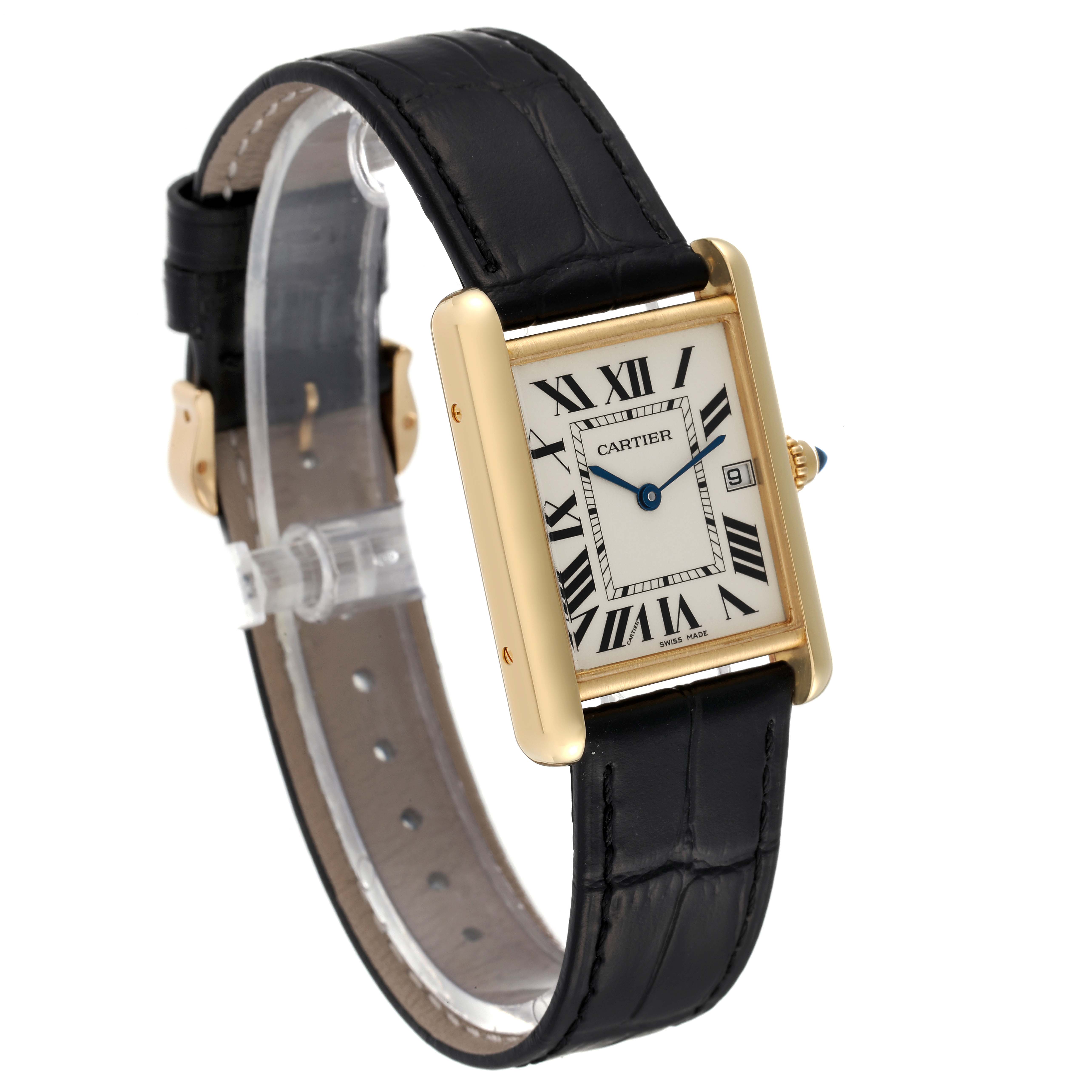 The Cartier Tank Louis W1529756 Men's Yellow Gold Silver Dial W1529756 Men's Yellow Gold Silver Dial watch is shown at a 3/4 angle, highlighting its rectangular face, black leather strap, and gold case.