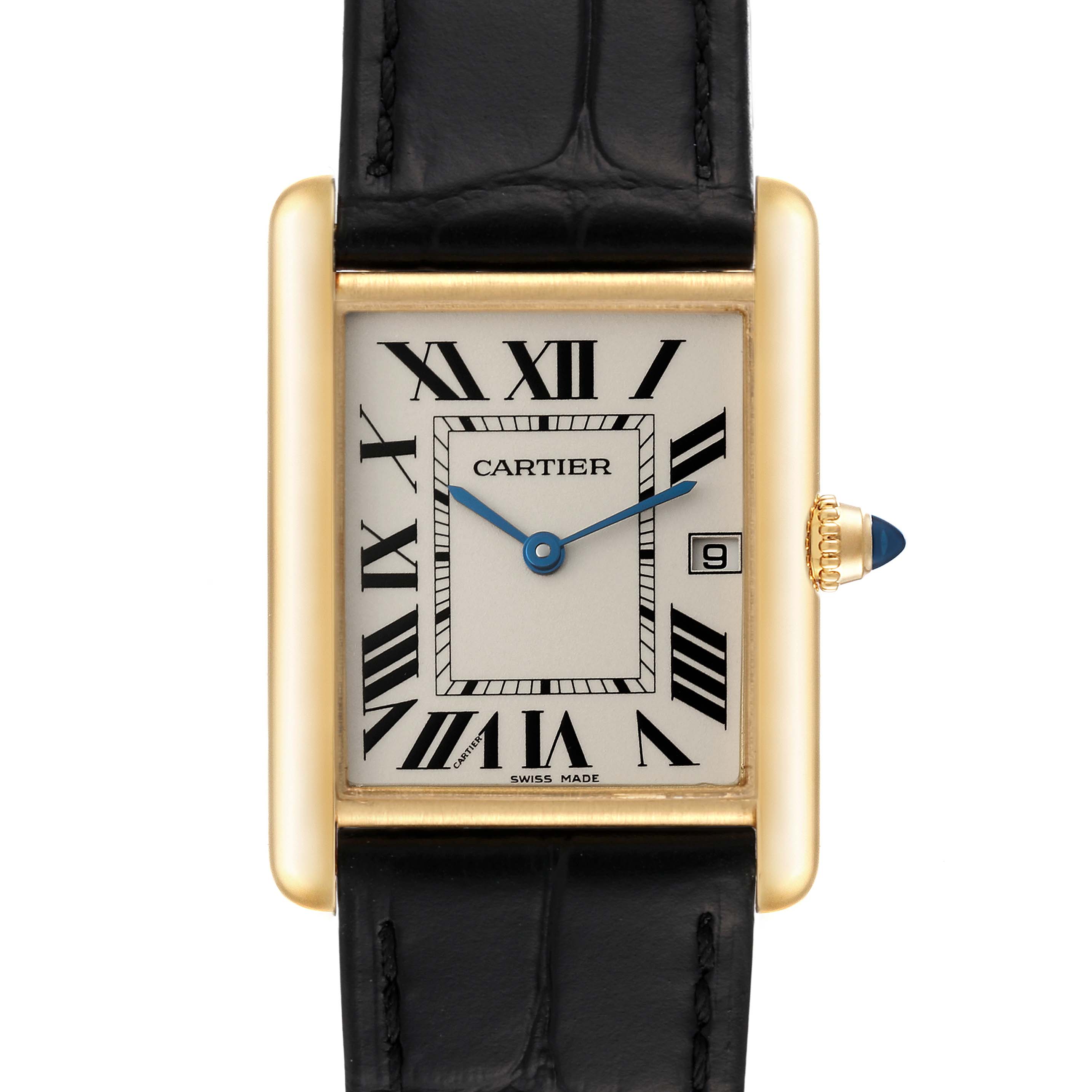 The image shows a front view of the Cartier Tank Louis W1529756 Men's Yellow Gold Silver Dial W1529756 Men's Yellow Gold Silver Dial model watch, showcasing its rectangular dial, Roman numerals, and leather strap.