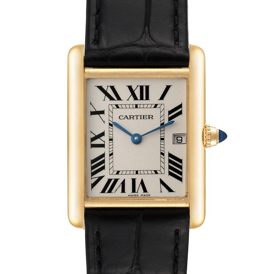 The image shows a front view of the Cartier Tank Louis W1529756 Men's Yellow Gold Silver Dial W1529756 Men's Yellow Gold Silver Dial model watch, showcasing its rectangular dial, Roman numerals, and leather strap.