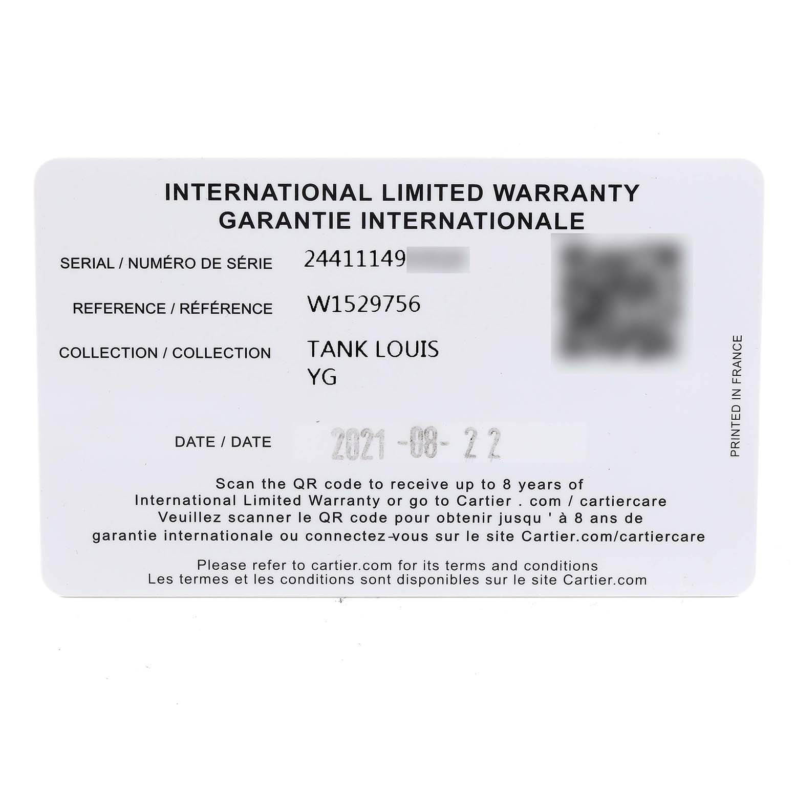 This image shows a Cartier Tank Louis W1529756 Men's Yellow Gold Silver Dial W1529756 Men's Yellow Gold Silver Dial watch's international limited warranty card with details like serial number, reference number, and date.