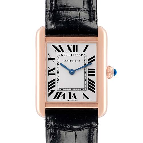 The Cartier Tank Solo W5200002 Women's Rose Gold Silver Dial watch is shown from the front, displaying its rectangular face, Roman numerals, and black leather strap.