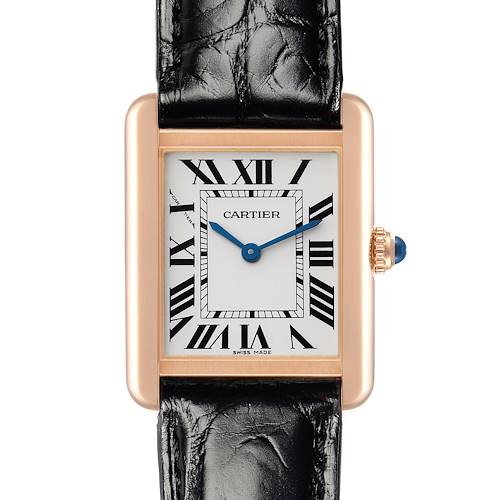 The Cartier Tank Solo W5200024 Women's Rose Gold Silver Dial watch is shown from a front angle, displaying its rectangular face, Roman numerals, blue hands, and leather strap.