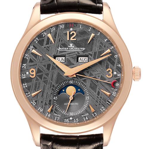 The Jaeger-LeCoultre Master watch is shown from the front, highlighting the dial, hands, date, day, month, and moon phase features.