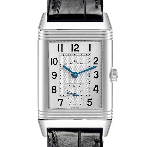 The Jaeger-LeCoultre Reverso watch is shown from the front, highlighting its rectangular dial, numerals, and black leather strap.