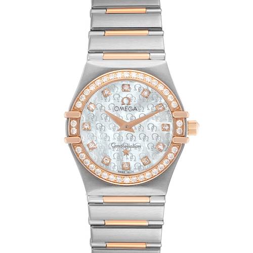 The Omega 13660.75.00 Women's Steel and Gold (two tone) Mother of Pearl Dial Constellation My Choice 1360.75.00 is shown head-on, displaying its diamond bezel, rose gold details, and steel bracelet.