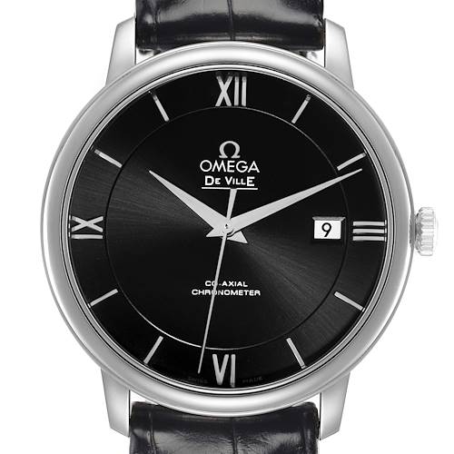 The Omega De Ville 424.13.40.20.01.001 Men's Stainless Steel Black Dial watch is shown from the front, highlighting the dial, hands, and date window.