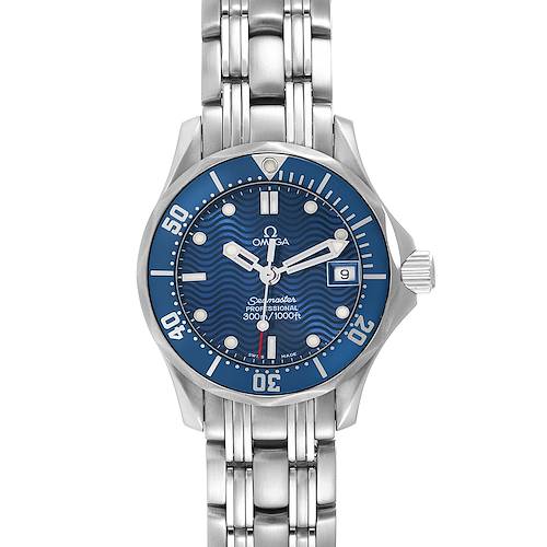 The Omega 2583.80.00 Women's Stainless Steel Blue Dial Seamaster Diver 300M watch is shown from the front, highlighting the blue dial, bezel, hands, bracelet, and date window.