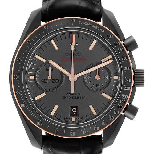 The Omega Speedmaster 311.63.44.51.06.001 Men's Ceramic Black Dial watch is shown from the front, displaying its face, dials, and tachymeter bezel clearly.