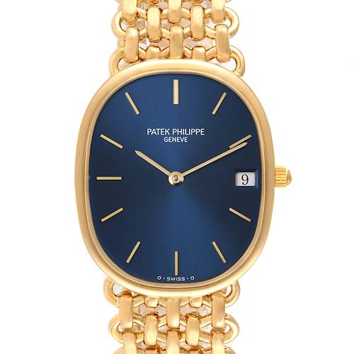 The image shows a frontal view of the Patek Philippe Golden Ellipse 3788 Women's Yellow Gold Blue Dial 3788 Women's Yellow Gold Blue Dial watch, featuring a blue dial, gold markers, a date window, and a gold bracelet.