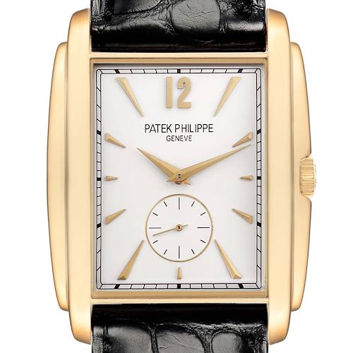 The image shows a Patek Philippe Gondolo 5124 Men's Yellow Gold Silver Dial watch from a front angle, highlighting its rectangular dial and gold case.