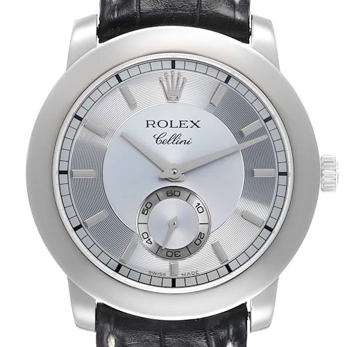 The Rolex Cellini 5241 Men's Platinum Silver Dial watch is shown from a front angle, highlighting the dial, hands, sub-dial, and black leather strap.