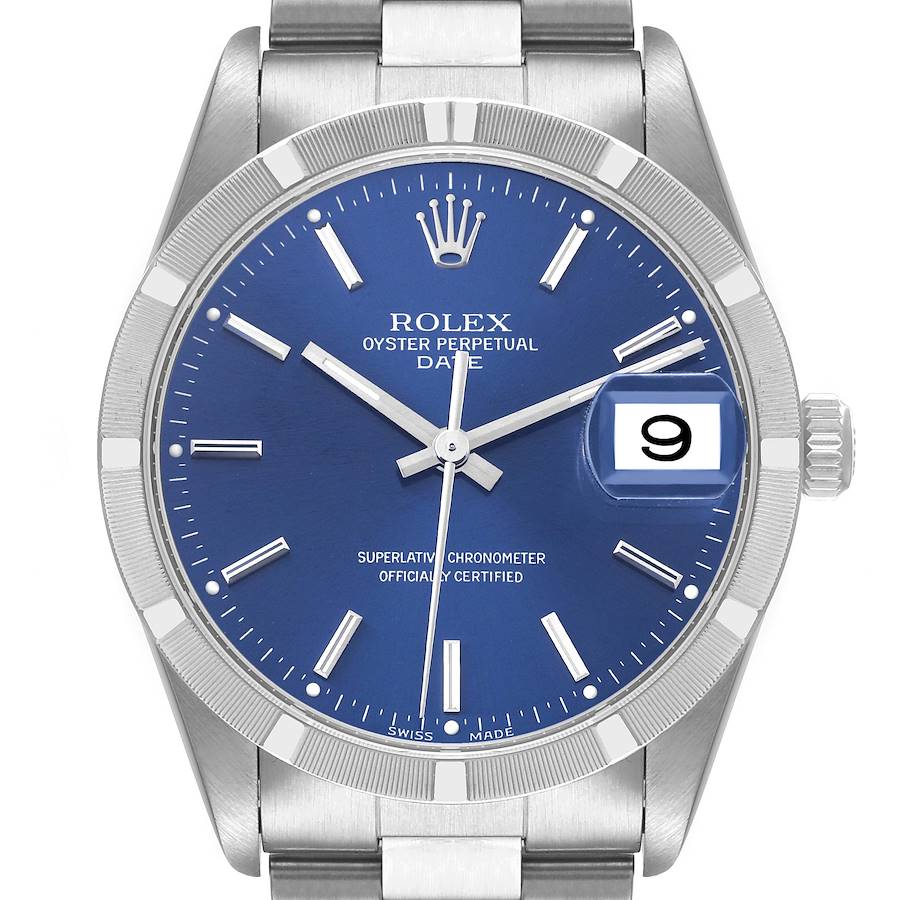 The image shows a front view of the Rolex Oyster Perpetual Date, highlighting the dial, hands, date window, and part of the bracelet.