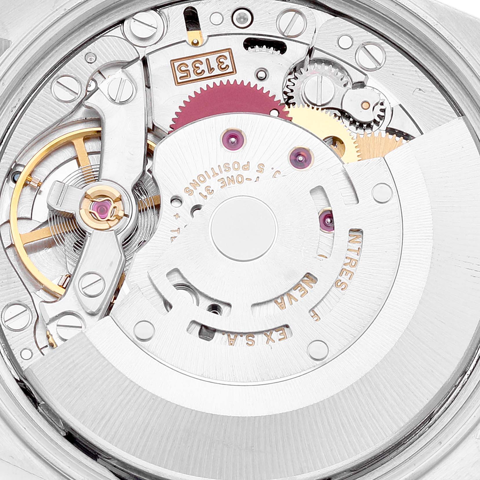 This image shows the intricate movement mechanism of a Rolex Date 15210 Men's Stainless Steel Blue Dial 15210 Men's Stainless Steel Blue Dial model watch from a close-up angle.