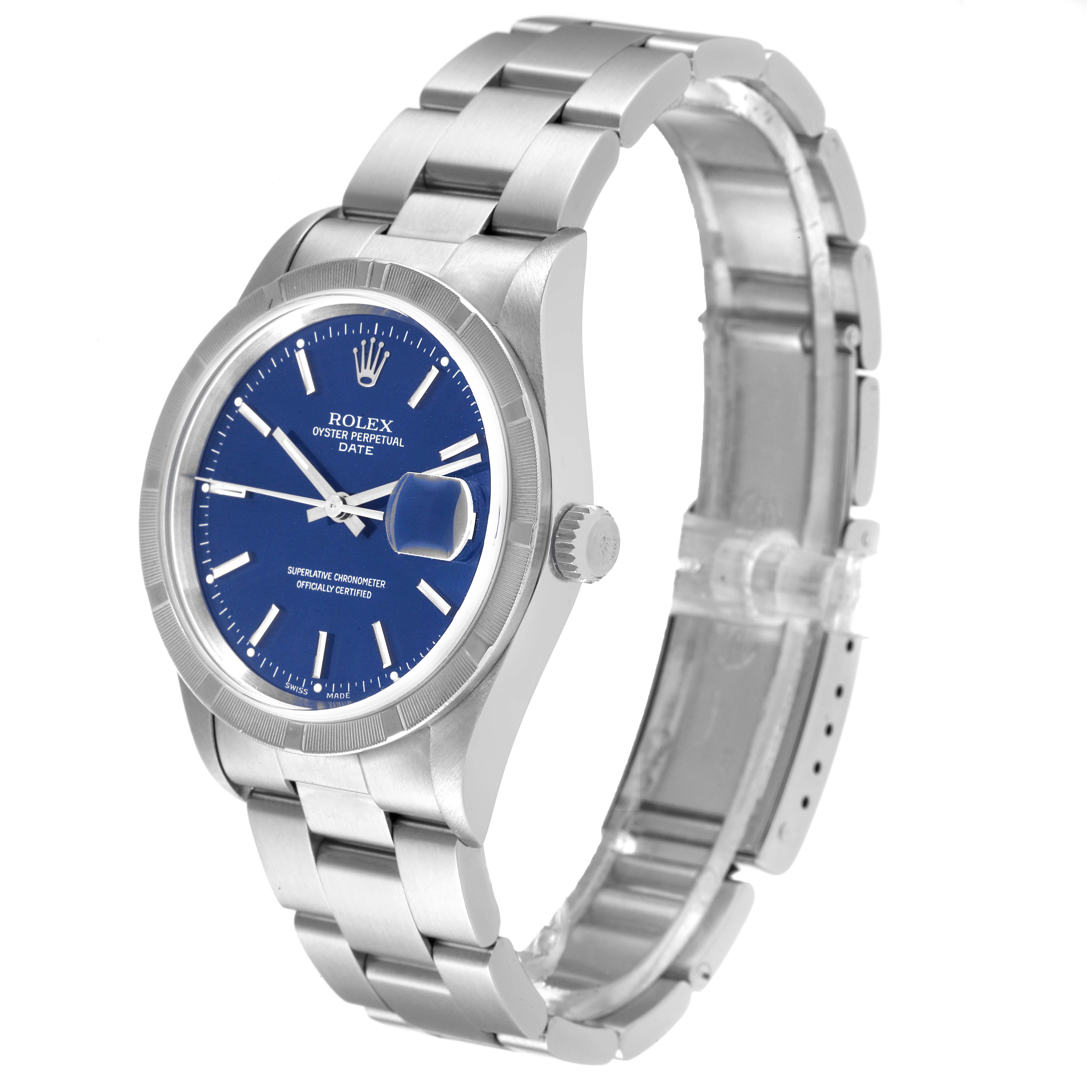 This image shows a Rolex Date 15210 Men's Stainless Steel Blue Dial 15210 Men's Stainless Steel Blue Dial watch from a three-quarter angle, highlighting its blue dial, bracelet, and crown.