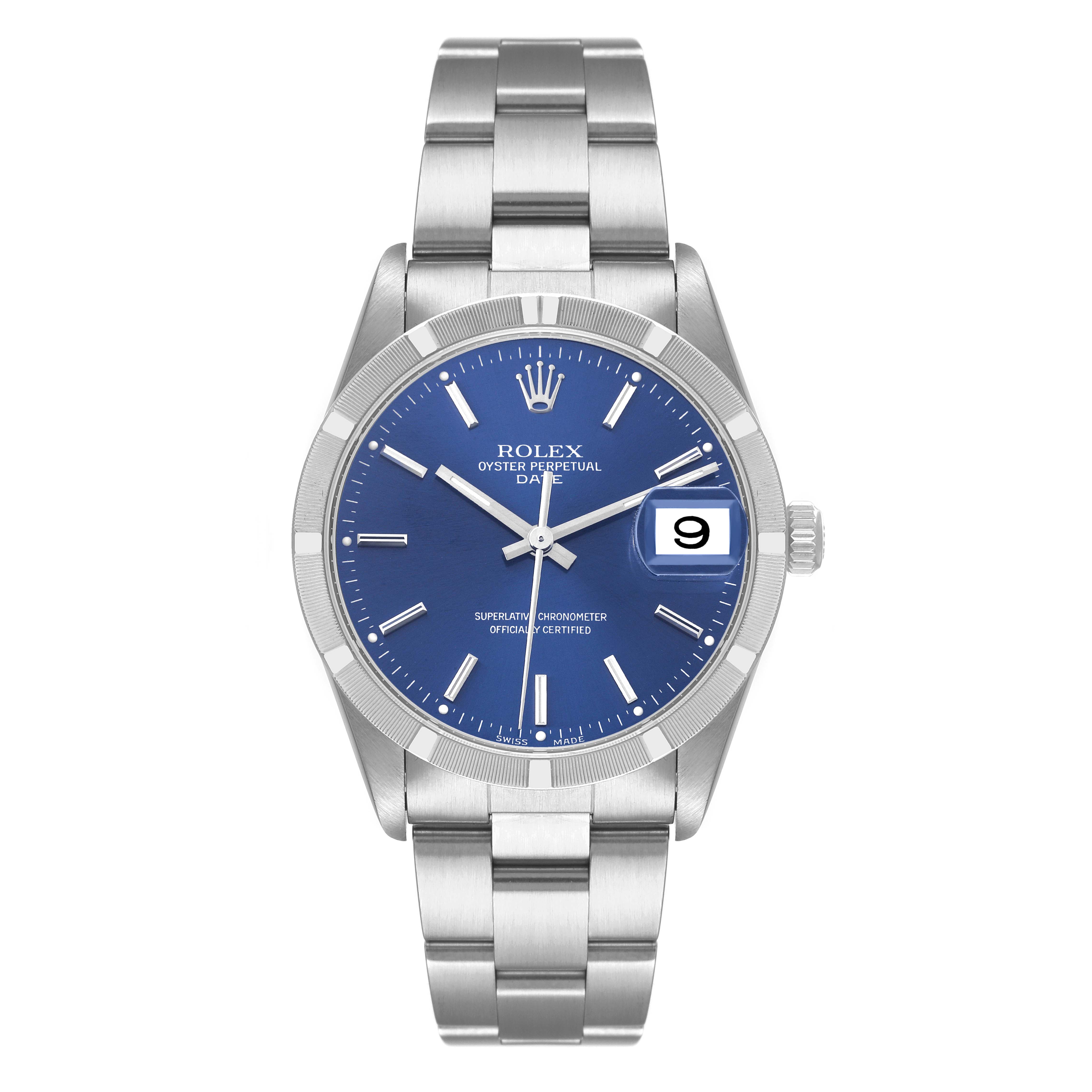 This image shows the front view of a Rolex Date 15210 Men's Stainless Steel Blue Dial 15210 Men's Stainless Steel Blue Dial model watch with a blue dial, date window, and stainless steel bracelet.