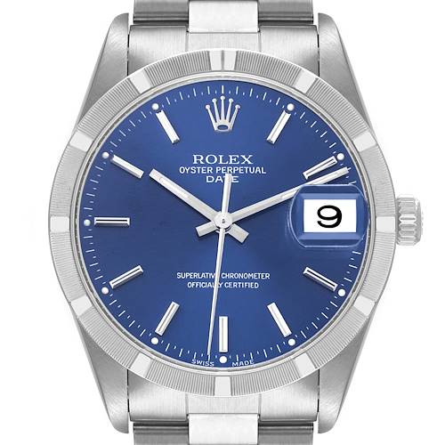 The image shows a close-up front view of a Rolex Date 15210 Men's Stainless Steel Blue Dial 15210 Men's Stainless Steel Blue Dial model watch with a blue dial and a date window at 3 o'clock.