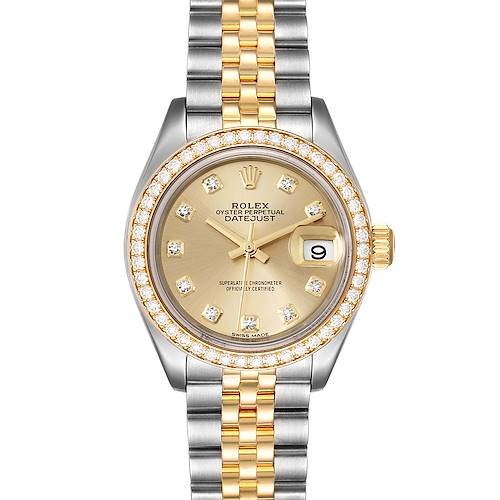 This image shows a front view of the Rolex Datejust 279383 Women's Steel and Gold (two tone) Champagne Dial 279383 Women's Steel and Gold (two tone) Champagne Dial watch, highlighting its dual-tone bracelet, diamond bezel, and date window.