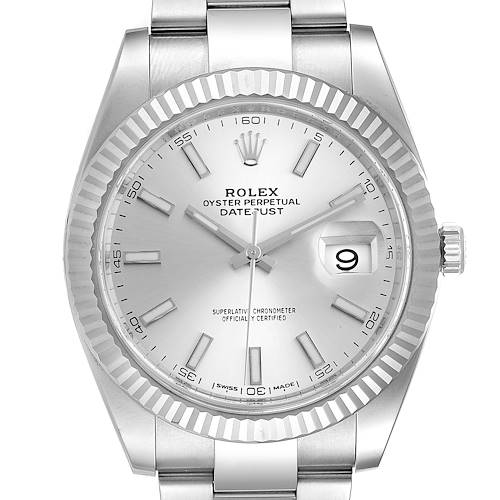 The image shows the front view of a Rolex Datejust 41 126334 Men's Stainless Steel Silver Dial 126334 Men's Stainless Steel Silver Dial watch, highlighting its dial, hands, date window, and fluted bezel.