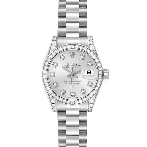 The Rolex President 179159 Women's White Gold Silver Dial model is shown from a top-down angle, highlighting its silver dial, diamond markers, bezel, and bracelet.