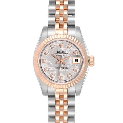 This image shows a front view of a Rolex Datejust 179171 Women's Steel and Gold (two tone) Silver Dial 179171 Women's Steel and Gold (two tone) Silver Dial watch displaying the dial, bezel, and bracelet.