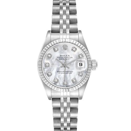 The Rolex Datejust 79174 Women's Stainless Steel Mother of Pearl Dial watch is shown from a front angle, featuring the dial, bezel, crown, and bracelet.
