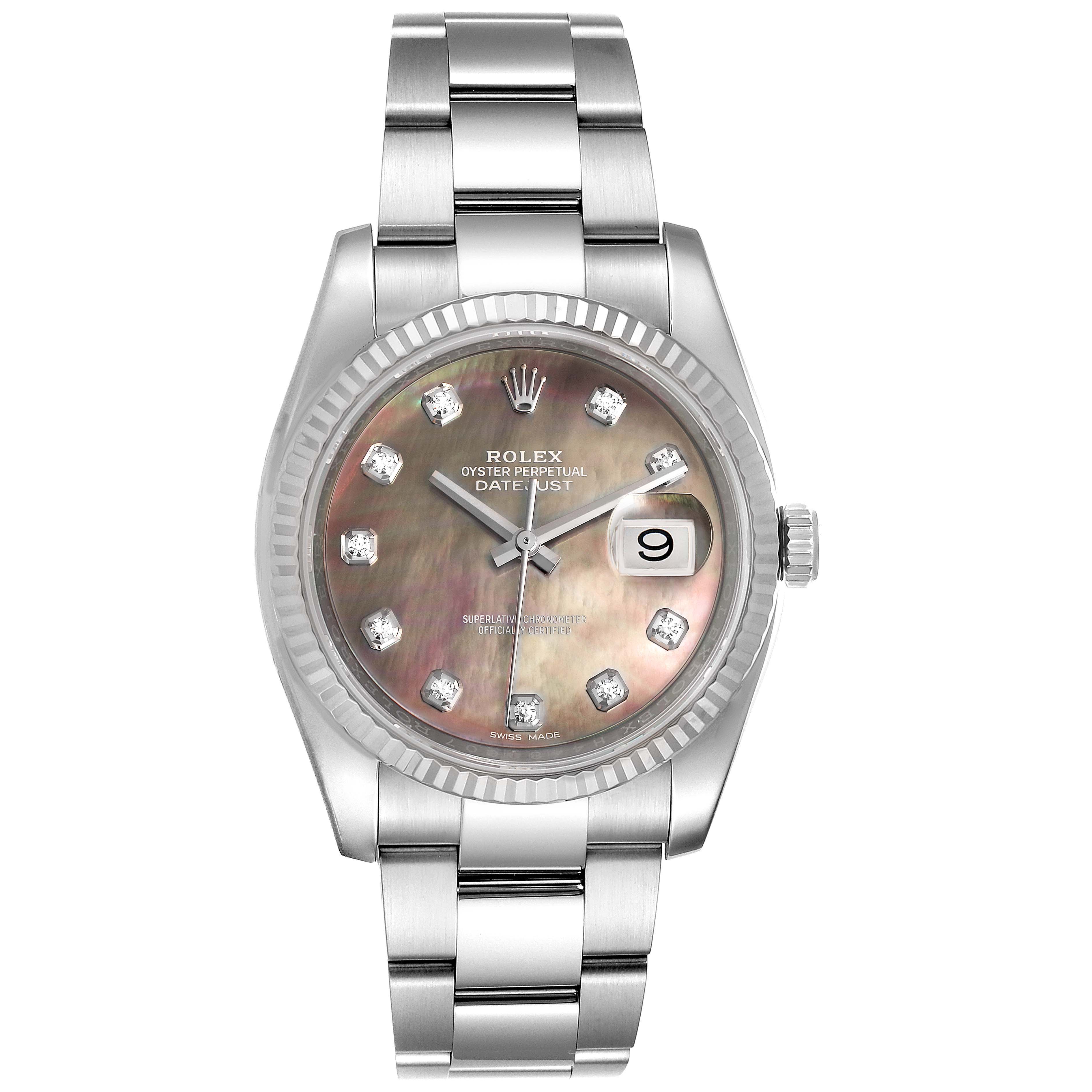 This image shows a frontal view of a Rolex Datejust 116234 Men's Stainless Steel Mother of Pearl Dial 116234 Men's Stainless Steel Mother of Pearl Dial watch, highlighting the dial, bracelet, bezel, and date display.
