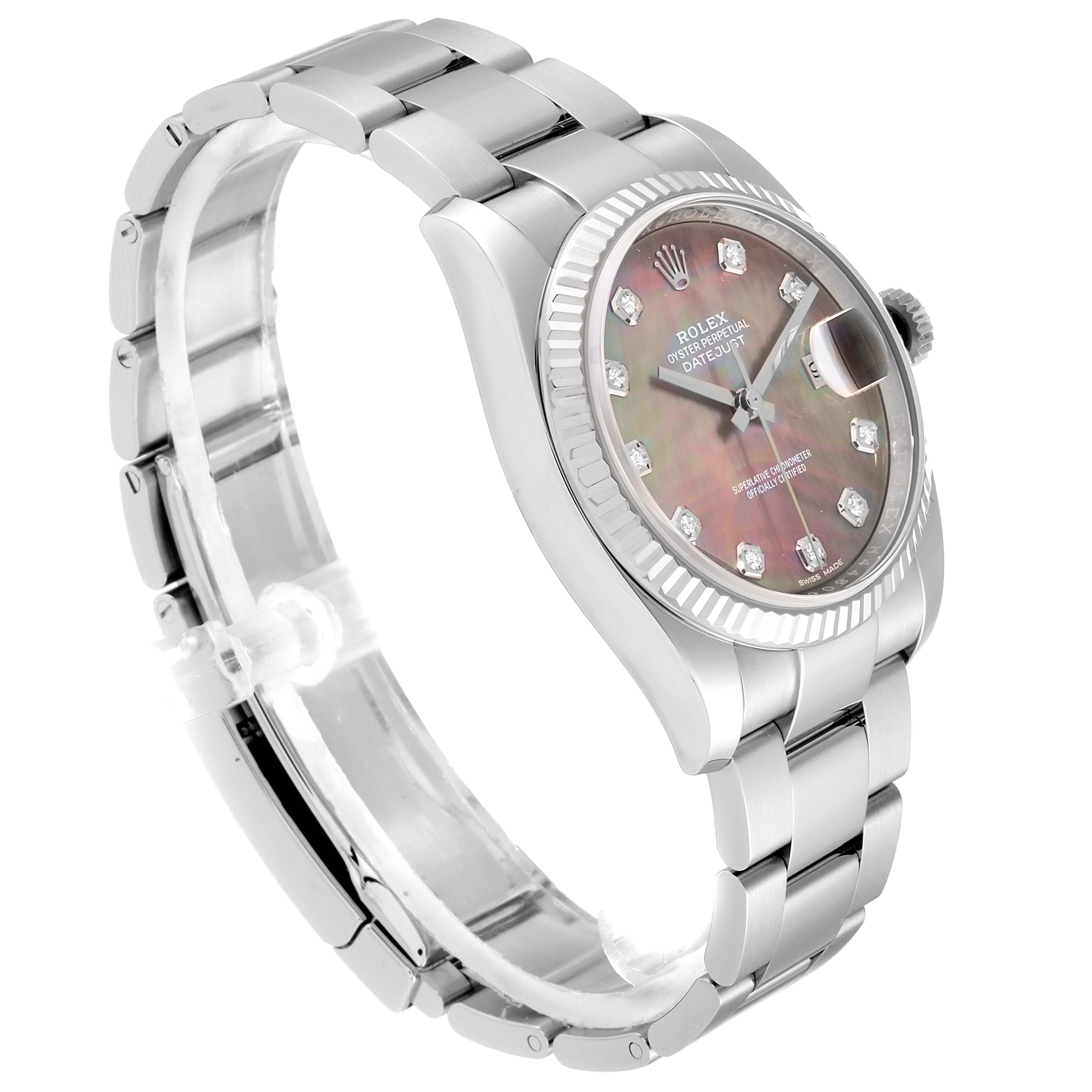The image shows a side-angle view of the Rolex Datejust 116234 Men's Stainless Steel Mother of Pearl Dial 116234 Men's Stainless Steel Mother of Pearl Dial watch, highlighting its bracelet, bezel, and dial.