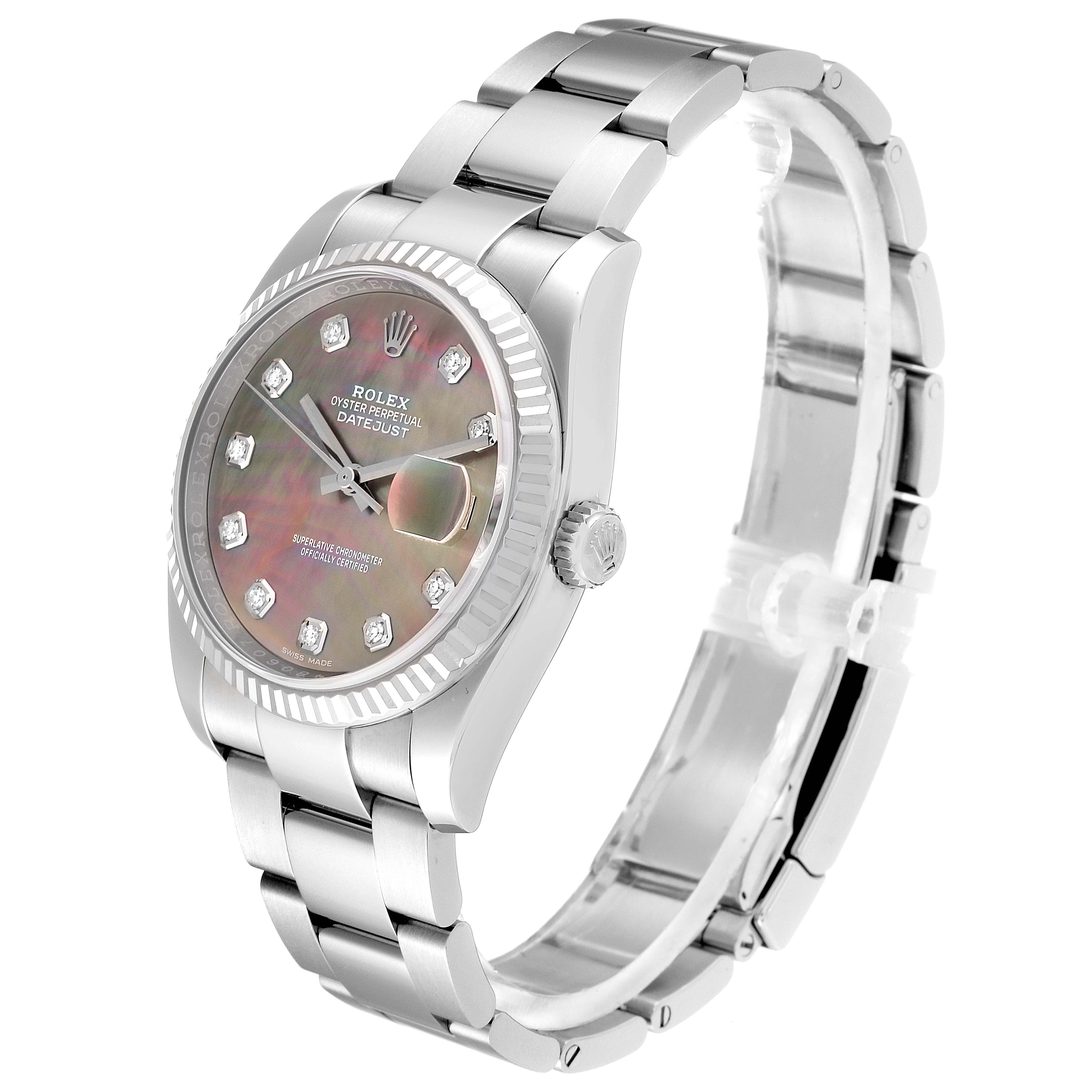 The Rolex Datejust 116234 Men's Stainless Steel Mother of Pearl Dial 116234 Men's Stainless Steel Mother of Pearl Dial watch is shown at an angle displaying its face, bezel, crown, and part of the bracelet.