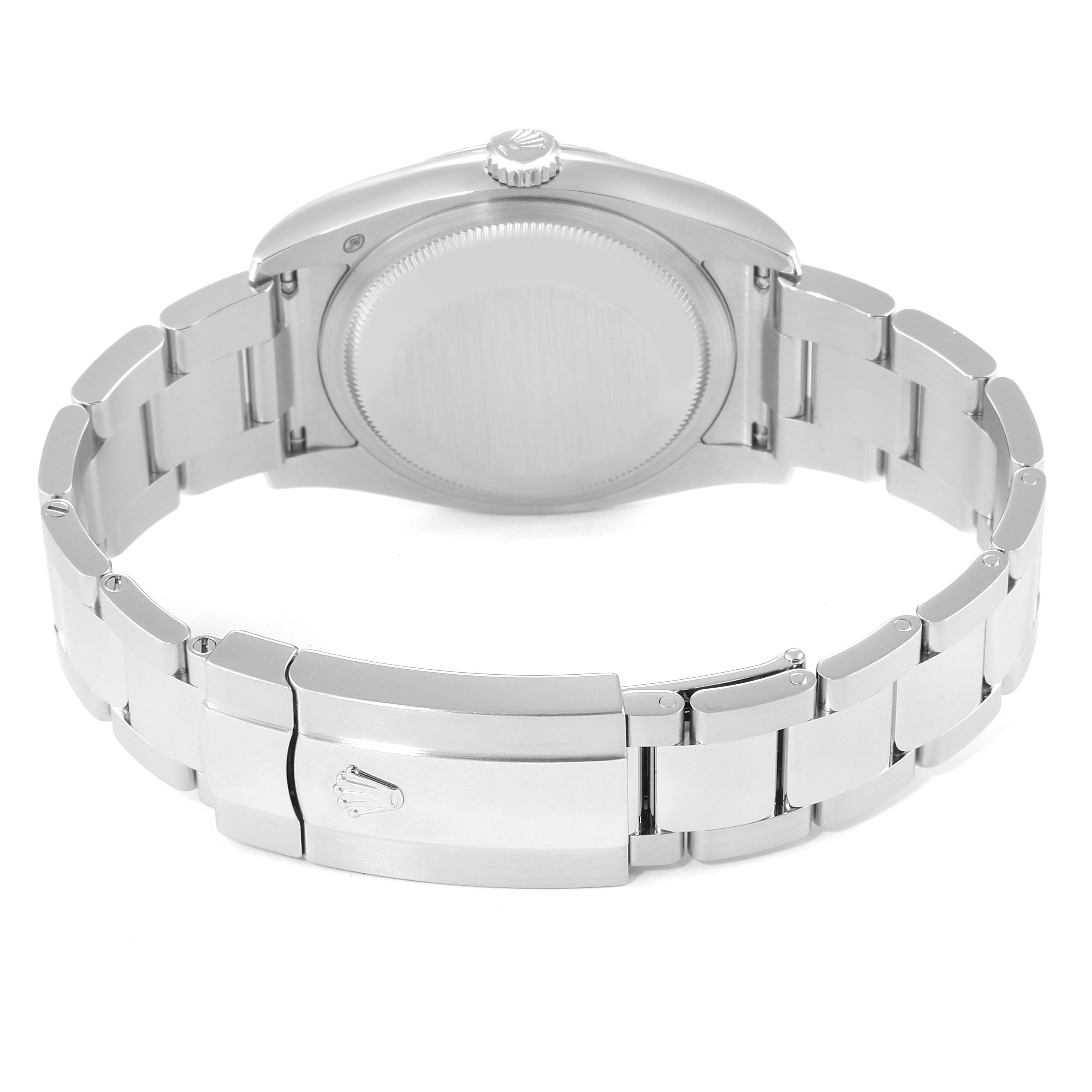 This image shows the back case, crown, and clasp of a Rolex Datejust 116234 Men's Stainless Steel Mother of Pearl Dial 116234 Men's Stainless Steel Mother of Pearl Dial watch from a rear angle.