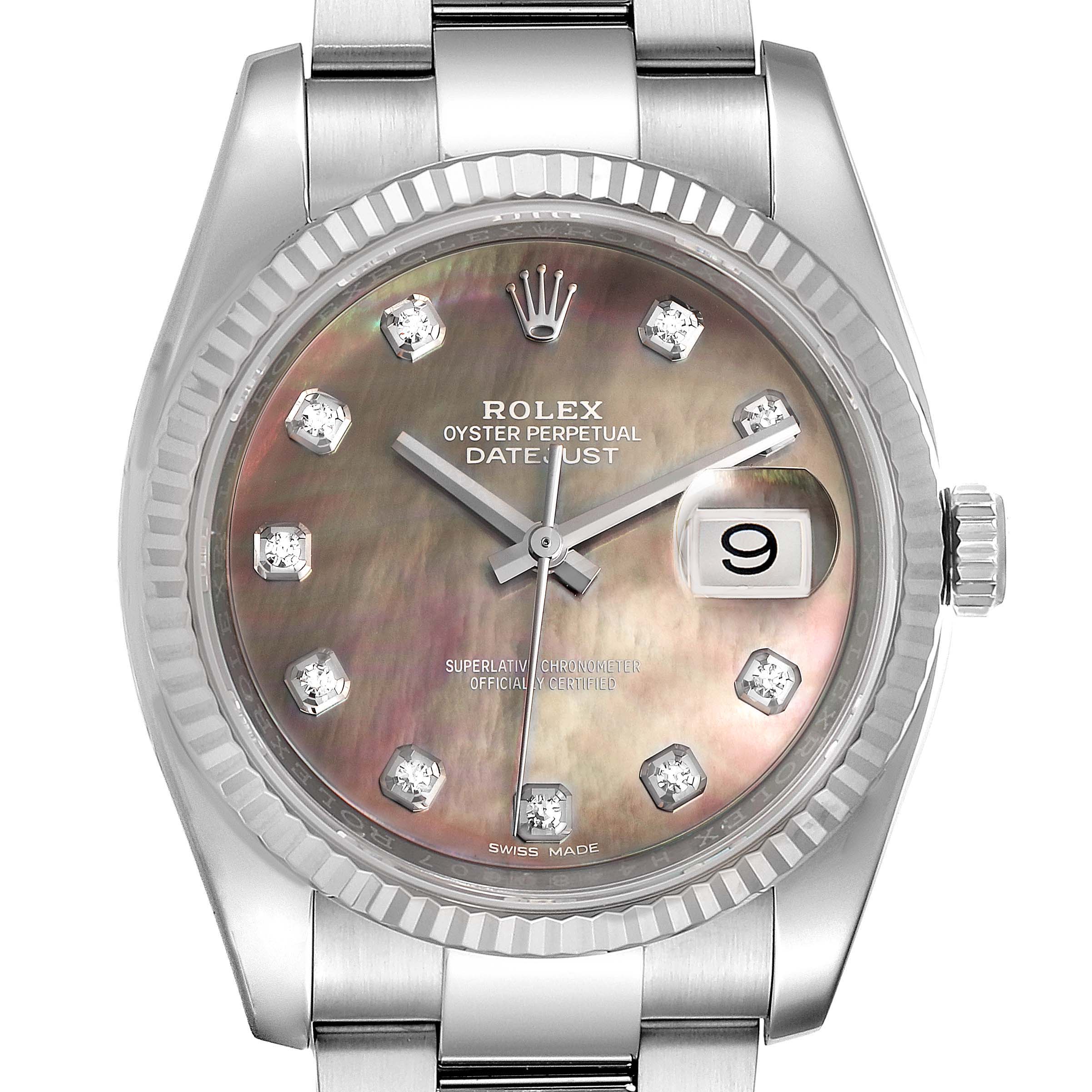This image shows a front view of a Rolex Datejust 116234 Men's Stainless Steel Mother of Pearl Dial 116234 Men's Stainless Steel Mother of Pearl Dial watch, highlighting the dial, hands, date window, bezel, and part of the bracelet.