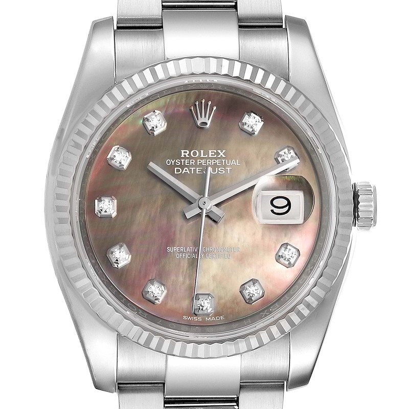This image shows a front view of a Rolex Datejust 116234 Men's Stainless Steel Mother of Pearl Dial 116234 Men's Stainless Steel Mother of Pearl Dial watch, highlighting the dial, hands, date window, bezel, and part of the bracelet.