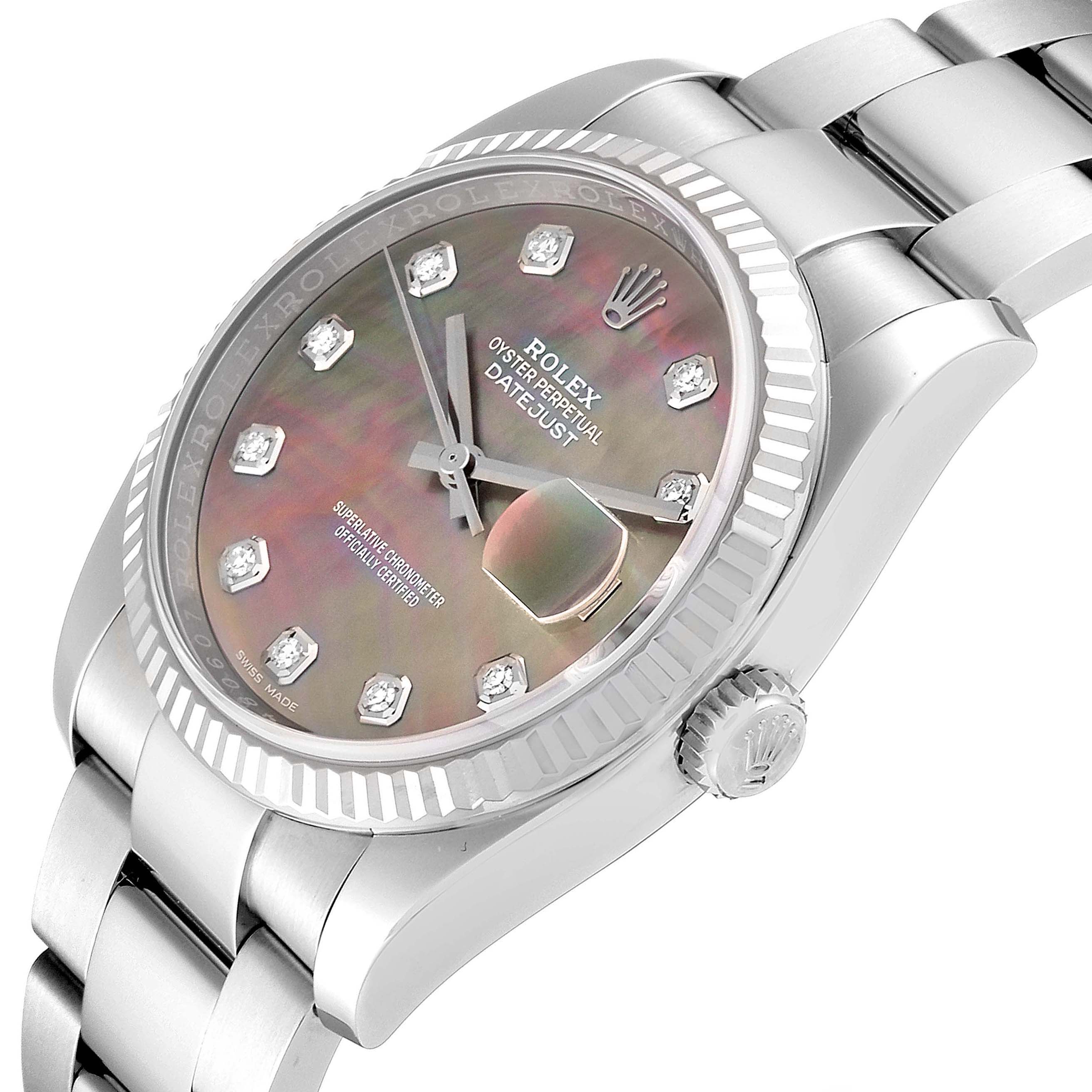 This image shows a close-up of the Rolex Datejust 116234 Men's Stainless Steel Mother of Pearl Dial 116234 Men's Stainless Steel Mother of Pearl Dial watch focusing on the dial, bezel, and part of the bracelet at an angle.