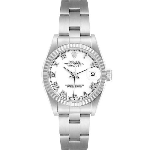 The Rolex Datejust 79174 Women's Stainless Steel White Dial watch is shown in a straight-on angle, displaying the face, bezel, bracelet, and date magnifier.