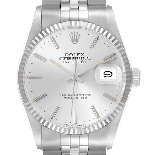 The Rolex Vintage Collection 16014 Men's Stainless Steel Silver Dial watch is shown from a front angle, highlighting the dial, bezel, and bracelet.